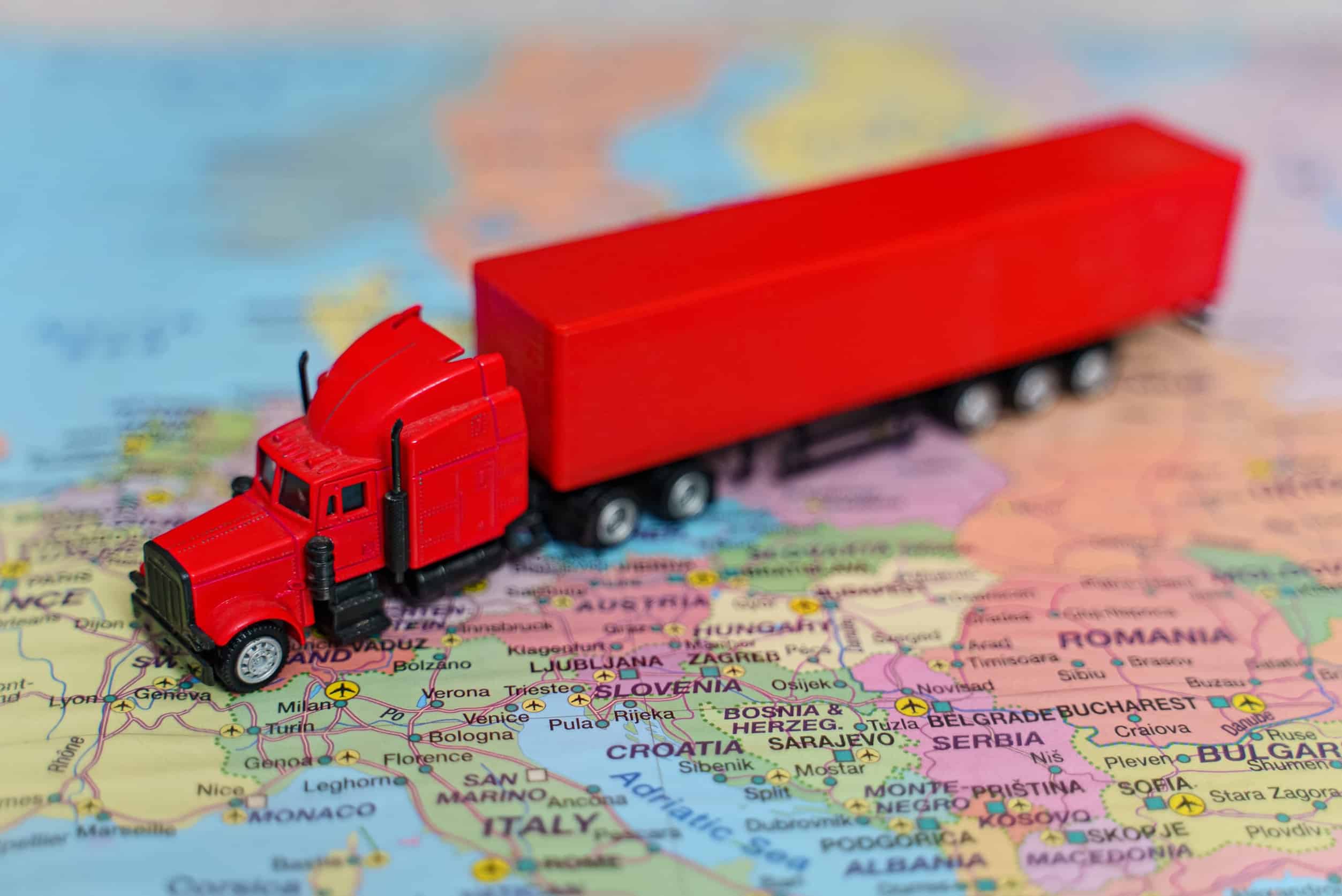 Truck with trailer on the Europe map