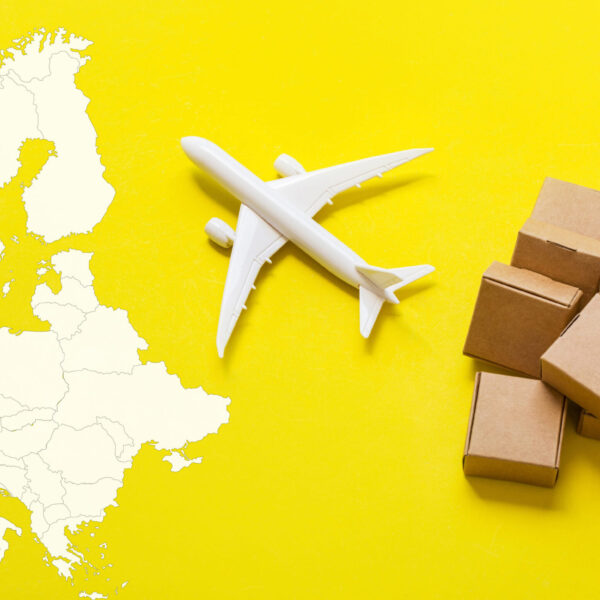 Logistics cargo service with airplane and product box on world map