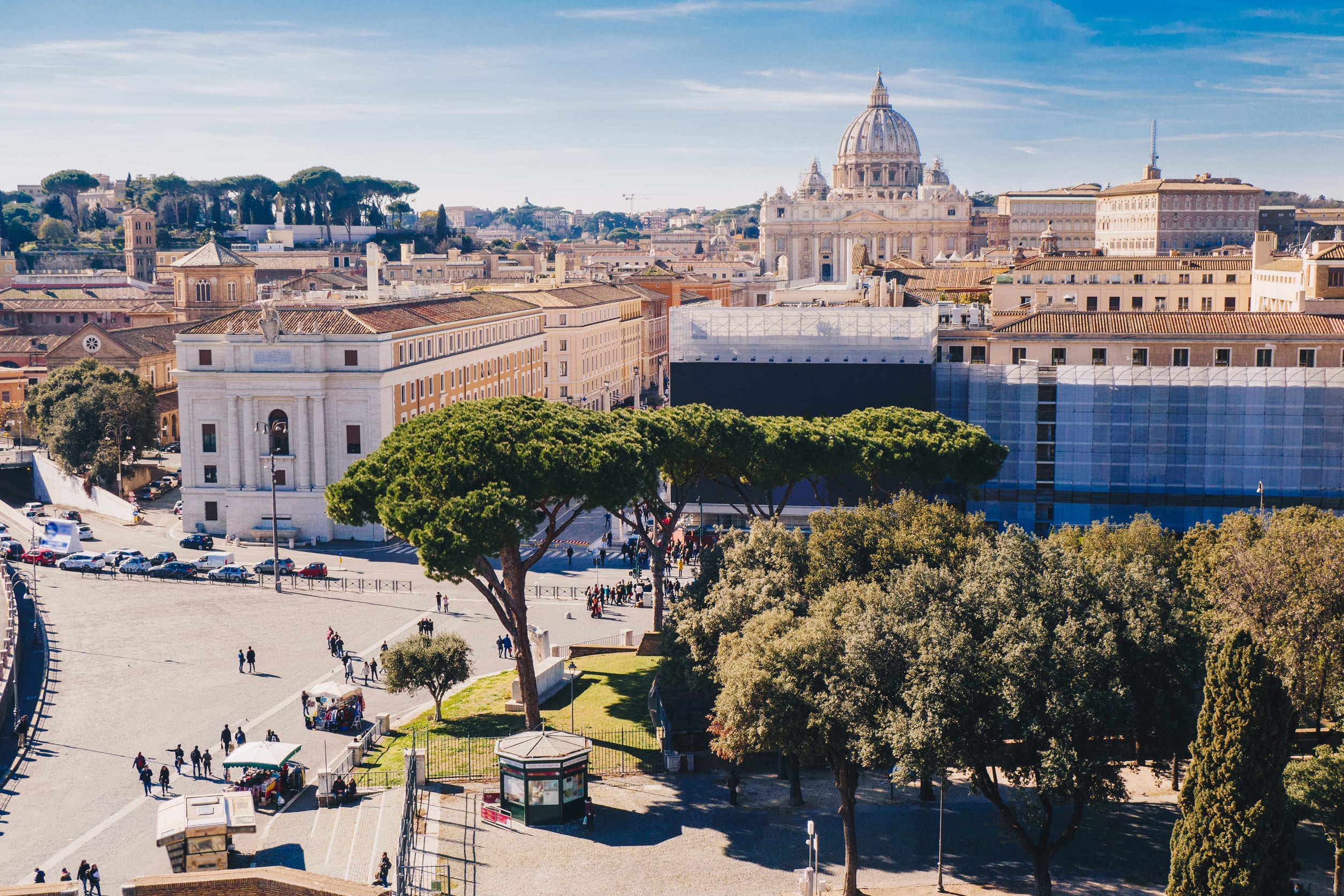 Rome city skyline with St. Peter's Basilica in the Vatican visible